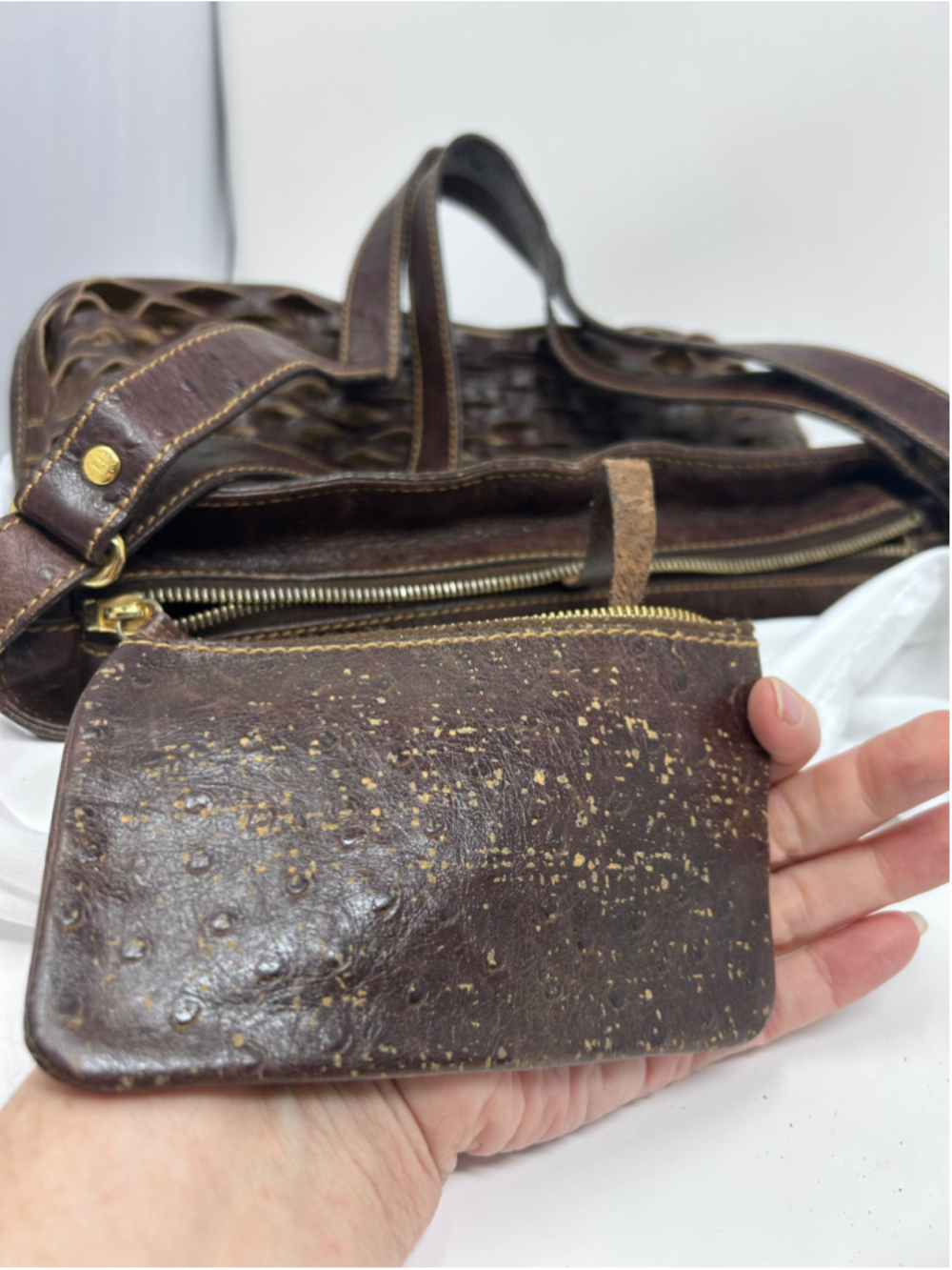 Vintage Fendi Selleria Cutwork Ostrich Embossed Leather Hobo Bag - Picture 16 of 16